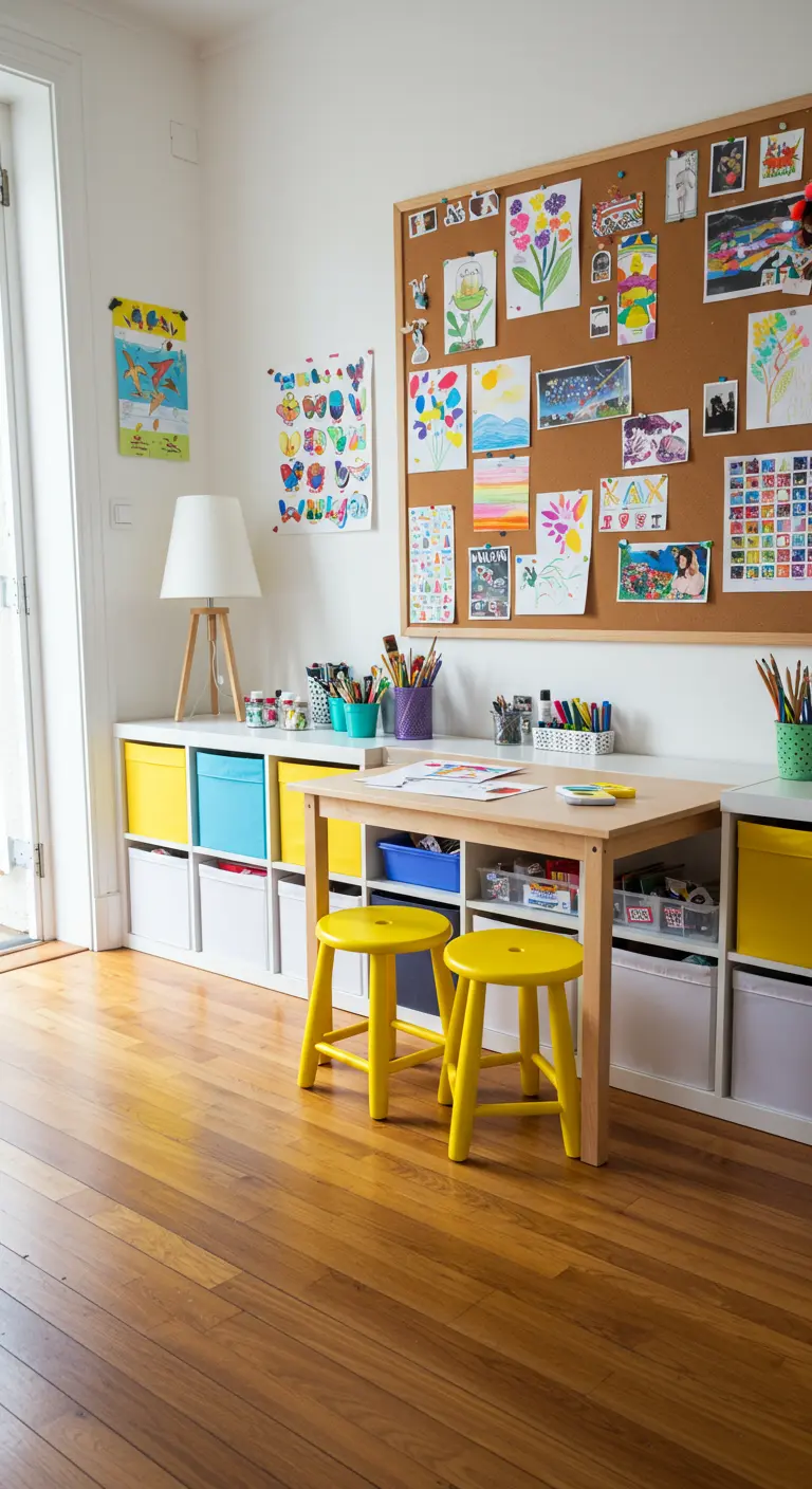 Rincón de arte infantil con estantería blanca, cajas de colores y un gran tablero de corcho.
