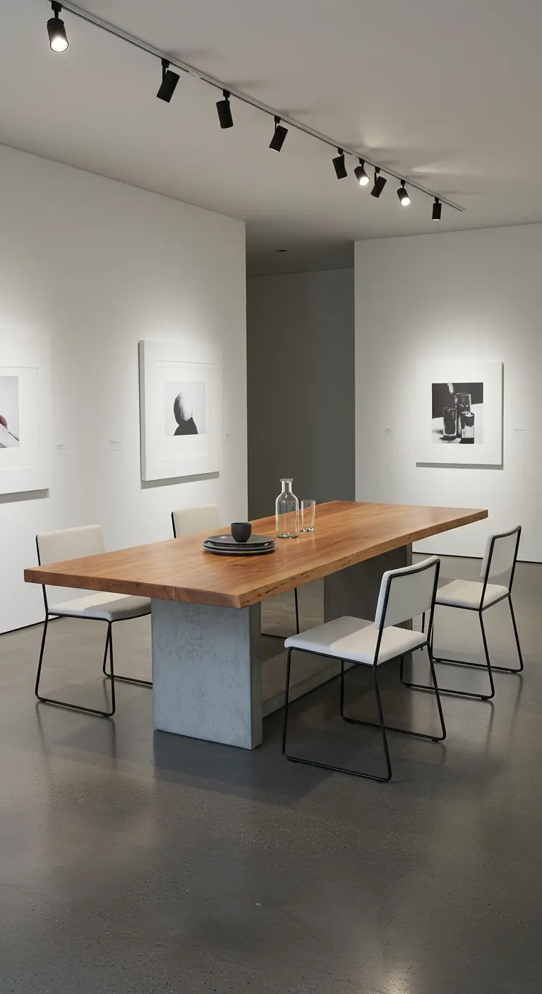 Comedor minimalista en una galería de arte con mesa de madera y hormigón y sillas de diseño.