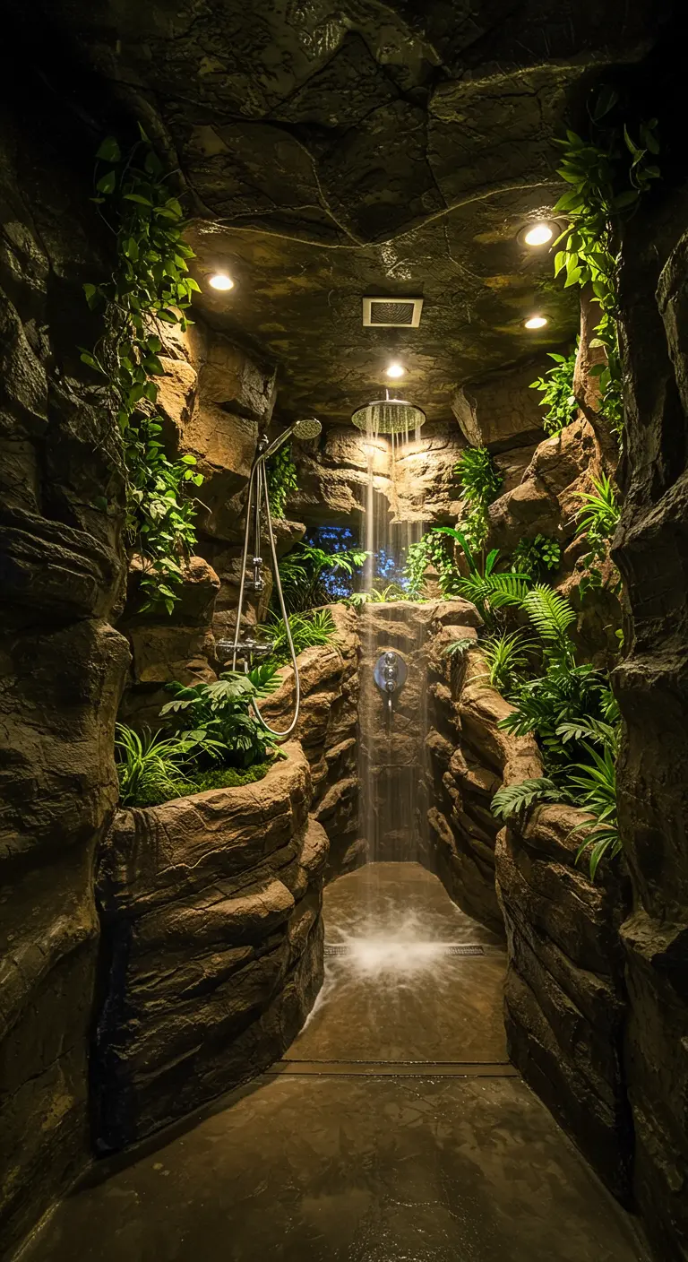 Ducha con forma de cueva, paredes de roca y vegetación tropical.