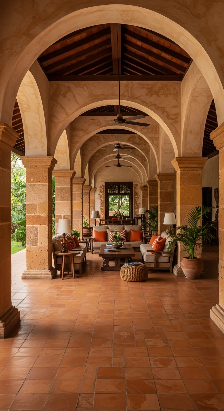 Porche de estilo hacienda con arcos de piedra, suelo de terracota y una zona de estar.