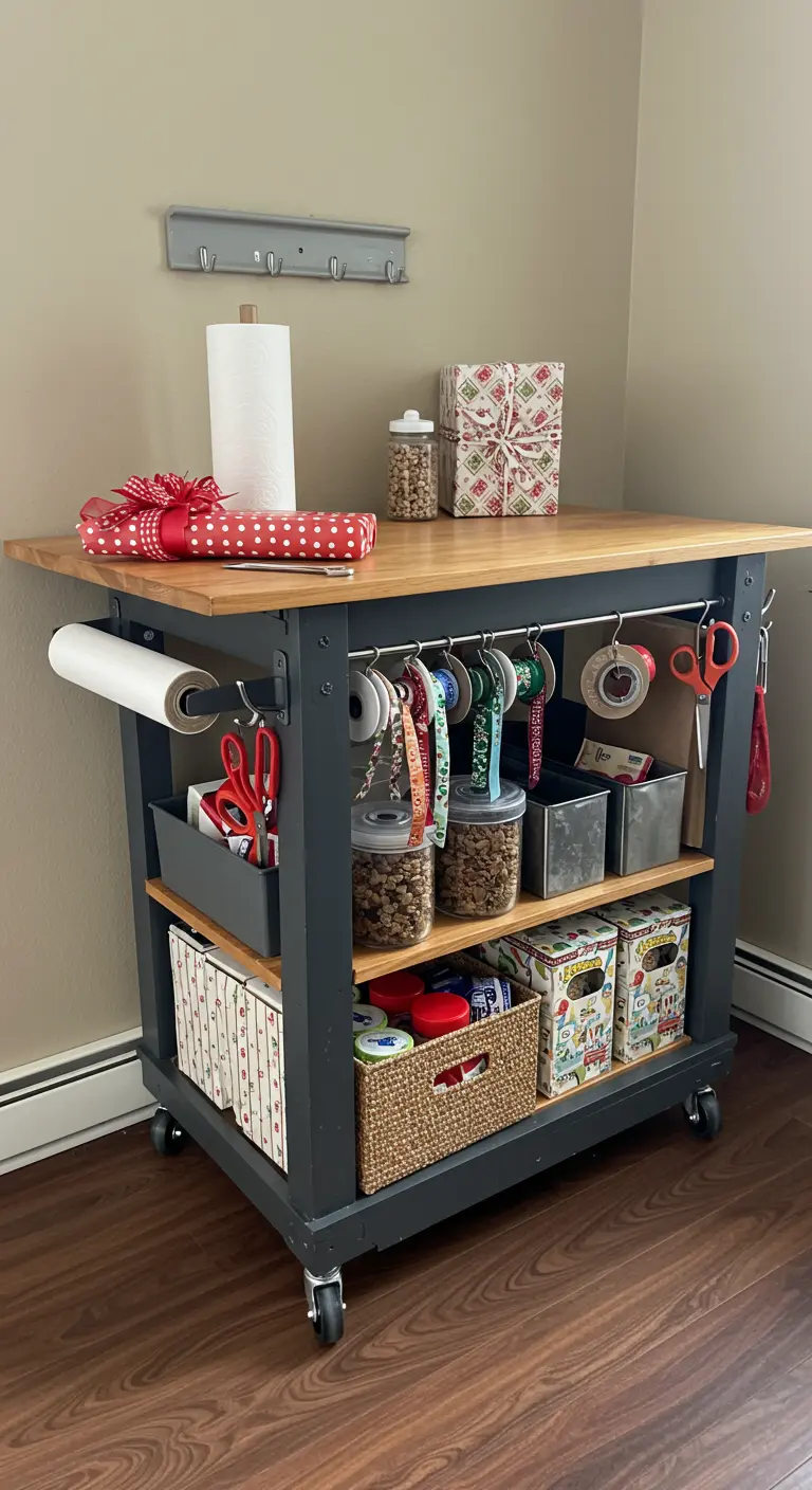 Carrito de manualidades móvil de color negro con encimera de madera y almacenamiento organizado.