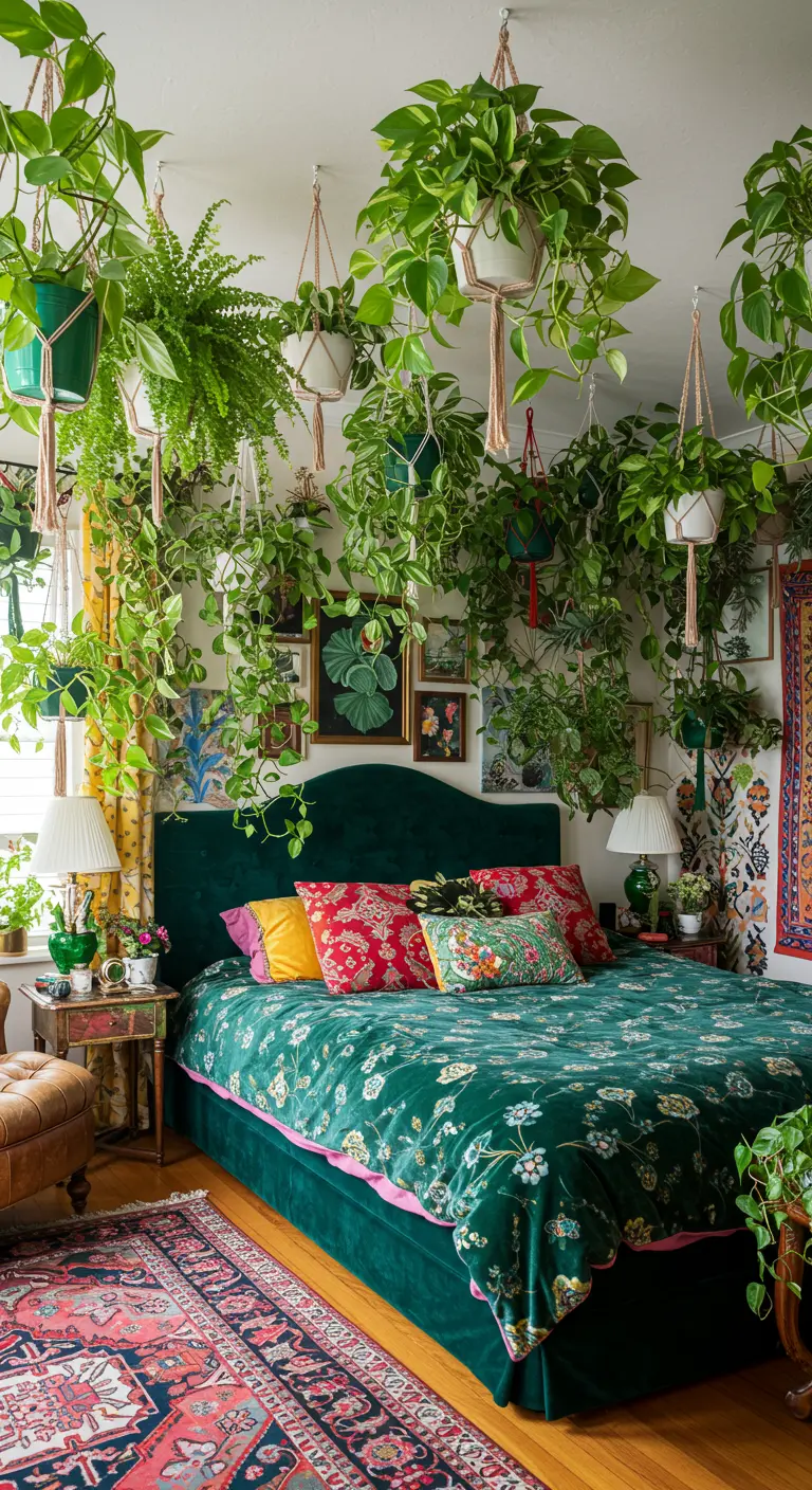 Dormitorio maximalista absolutamente lleno de plantas colgando del techo a diferentes alturas.