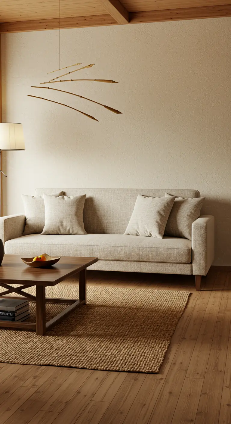 Sala de estar acogedora con un sofá beige y una lámpara colgante hecha de bambú.