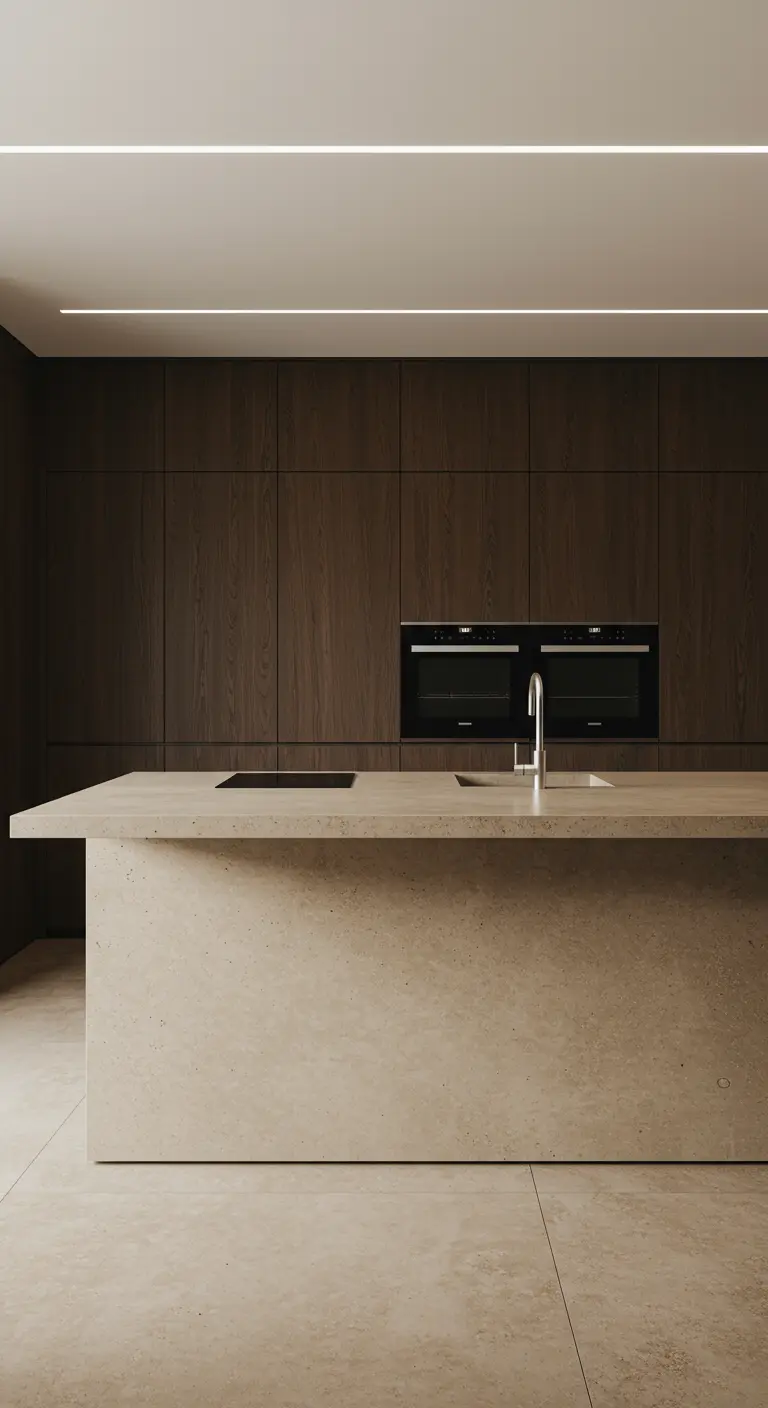 Cocina minimalista de madera oscura con una isla de hormigón y luz lineal en el techo.