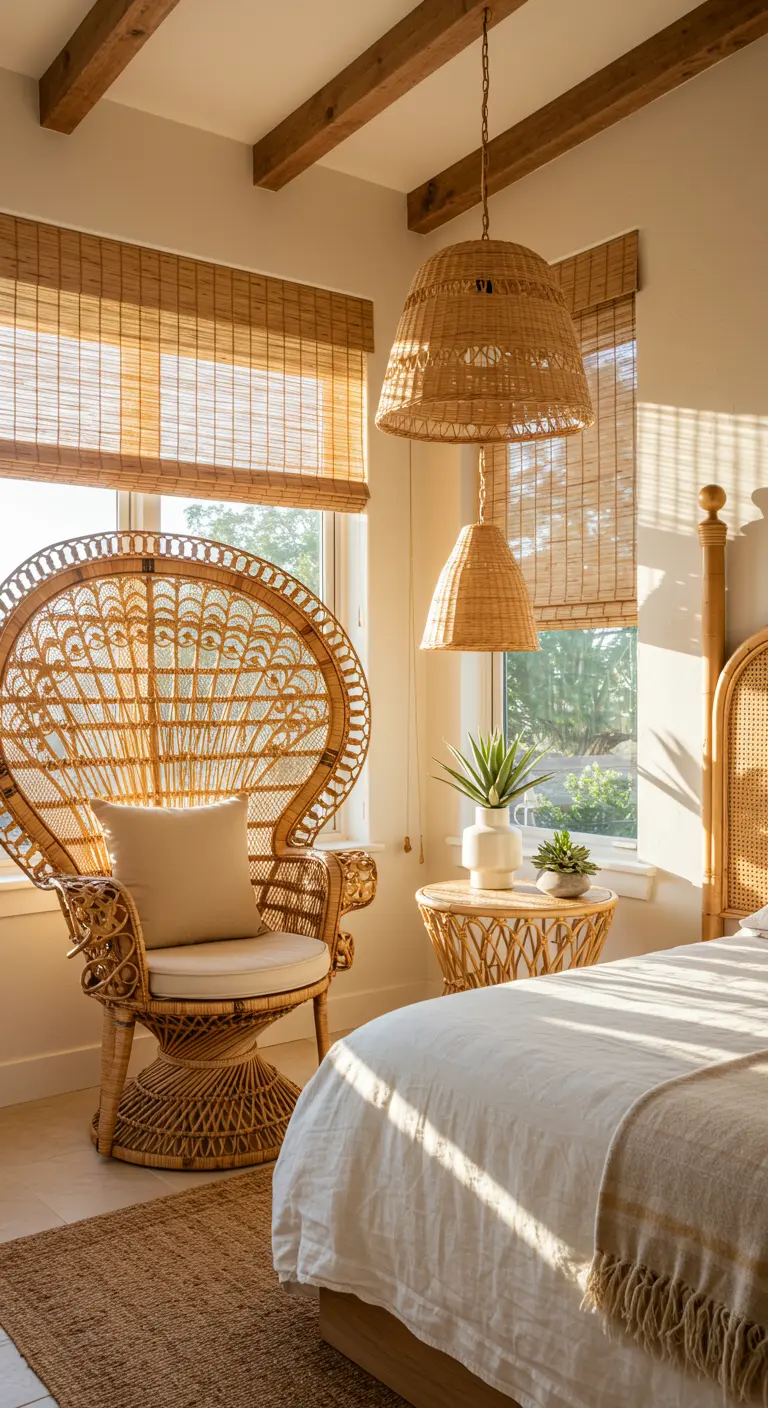 Dormitorio bohemio soleado con silla pavo real de ratán, estores de bambú y lámparas de mimbre.