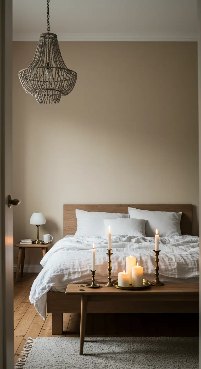Cama de madera con ropa de cama blanca y un banco con velas encendidas a los pies.