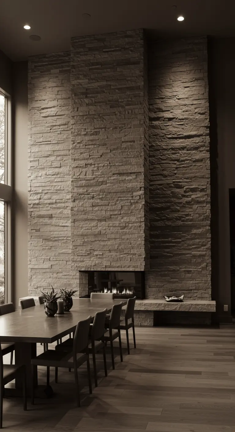 Comedor con una imponente chimenea de piedra apilada del suelo al techo y mesa de madera oscura.