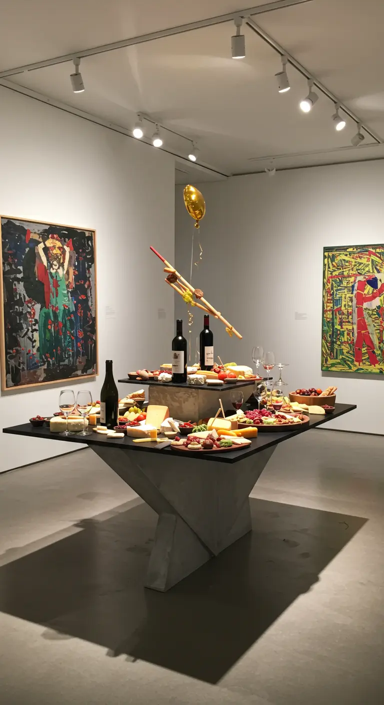 Mesa de quesos y vino en una galería de arte con una base escultural.