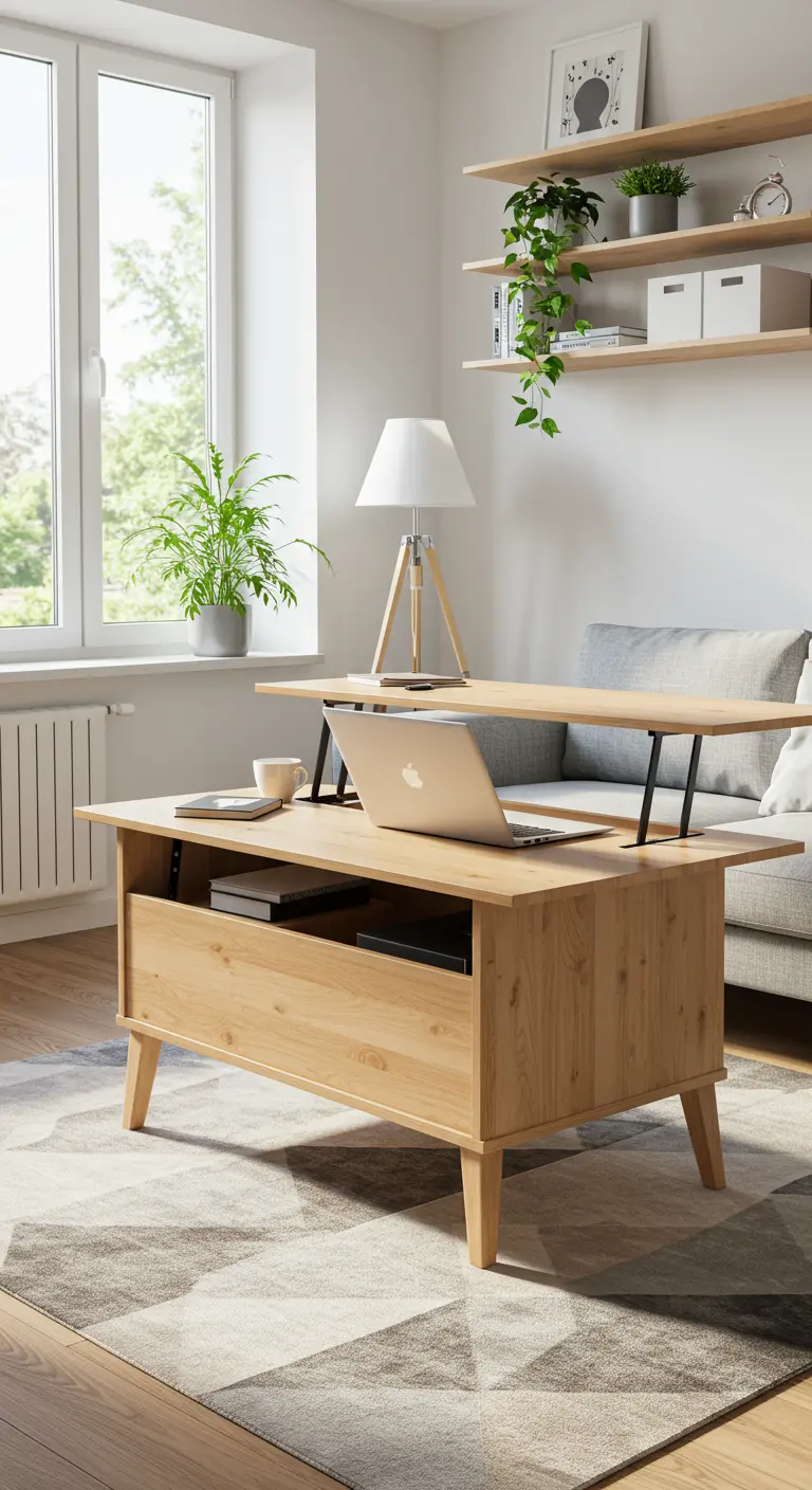 Mesa de centro elevable de madera clara que se convierte en escritorio en un salón luminoso.