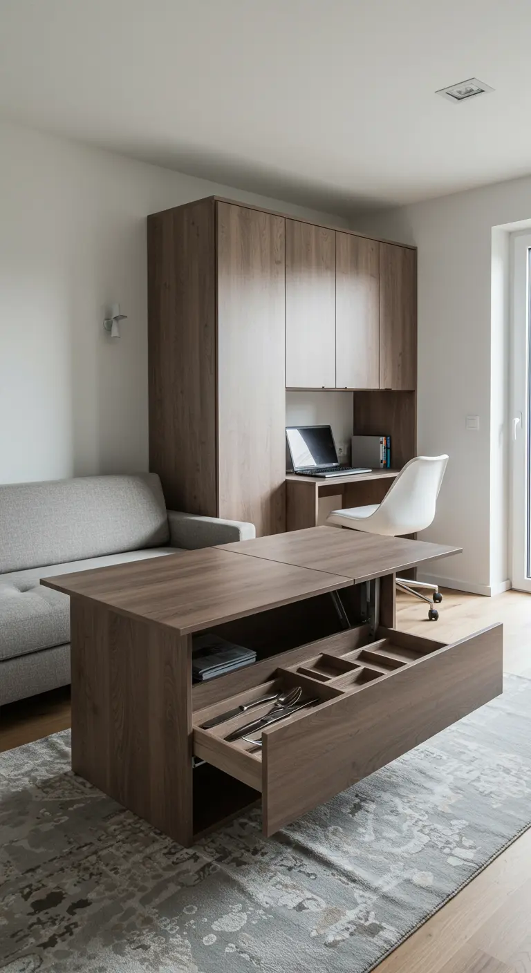 Mesa de centro convertible que se eleva y extiende para convertirse en mesa de comedor.