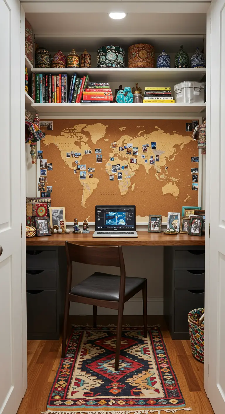 Oficina en un armario con un gran mapa de corcho en la pared y decoración de viajes.