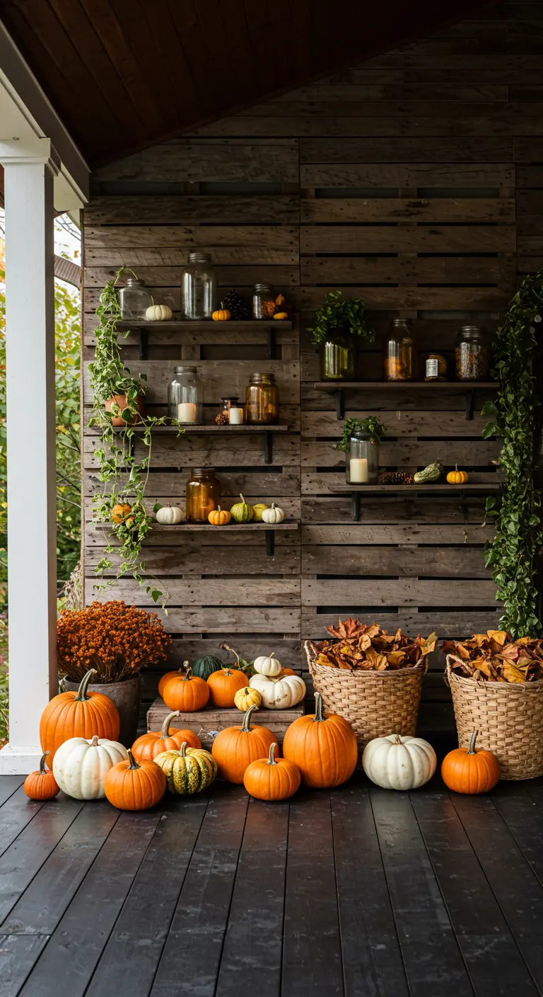 Pared de porche cubierta de palets oscuros con estantes, frascos, calabazas y cestas de mimbre.