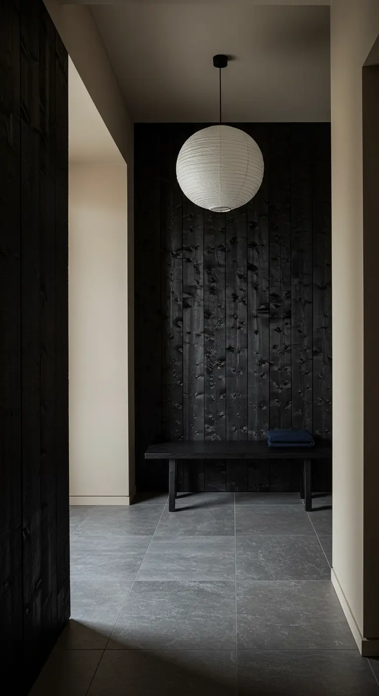 Recibidor de estilo japonés con pared de madera carbonizada negra y lámpara de papel.