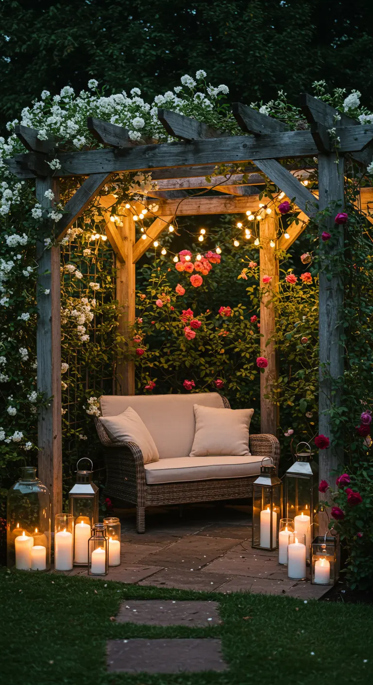 Pérgola de madera con un sofá, rodeada de rosas y iluminada con guirnaldas de luces y faroles.