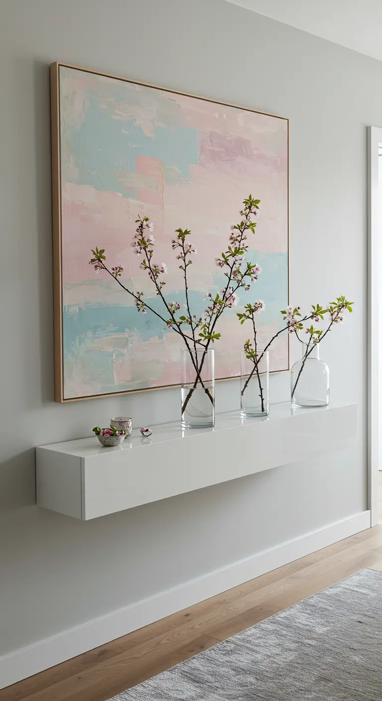 Estantería flotante blanca con jarrones de cristal y un cuadro abstracto de tonos pastel.