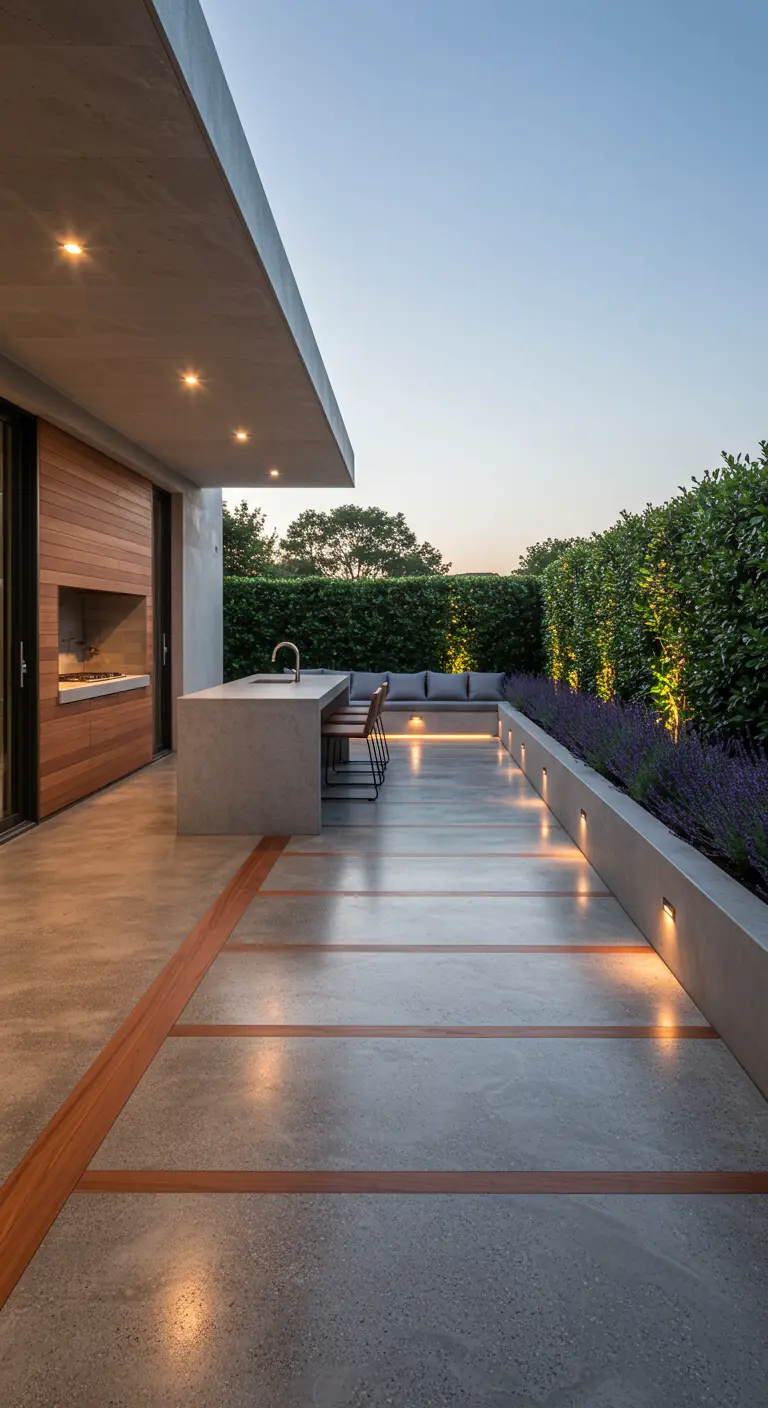 Patio minimalista con suelo de hormigón, una larga jardinera con lavanda y luces rasantes.
