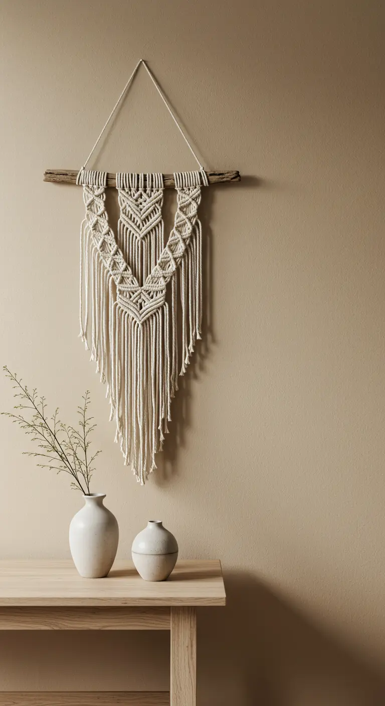 Tapiz de macramé colgando de una rama natural sobre una mesa de madera.