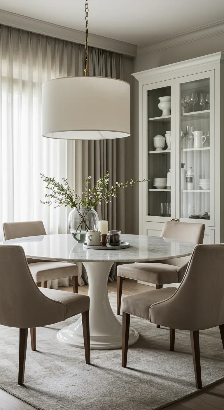 Comedor sereno en tonos neutros con sillas de terciopelo beige y una vitrina blanca al fondo