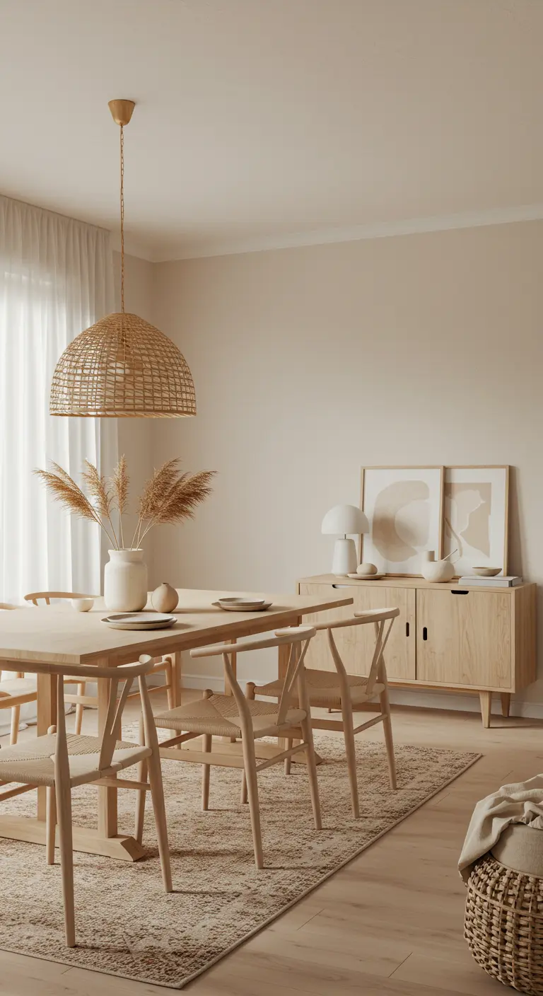Comedor monocromático en tonos beige con mesa de madera clara y lámpara de mimbre.
