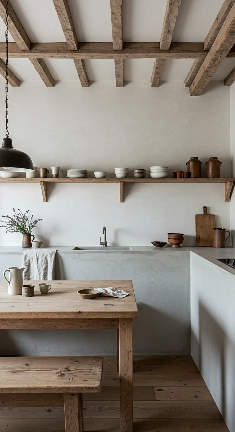 Cocina minimalista rústica con paredes de microcemento, estanterías abiertas y cerámica artesanal.