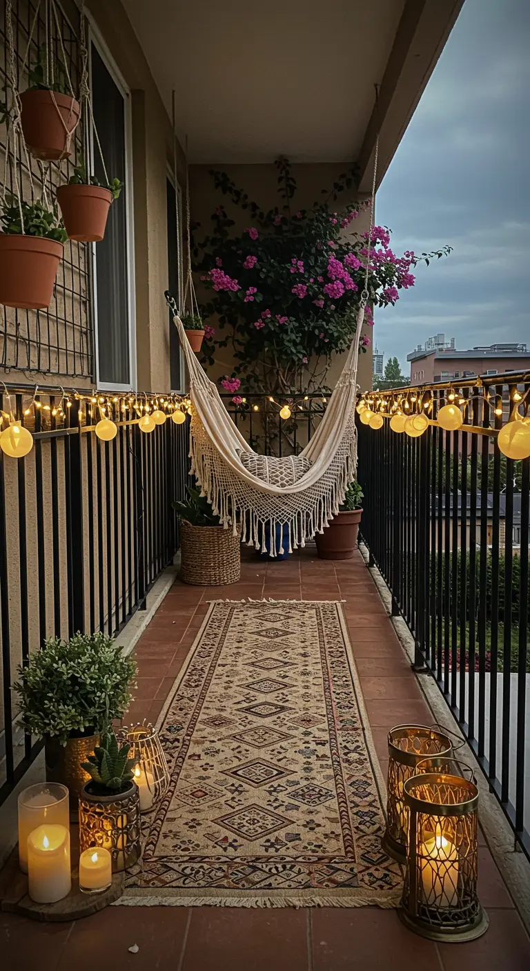 Balcón estrecho con hamaca de macramé, alfombra de pasillo y guirnaldas de luz en la barandilla.