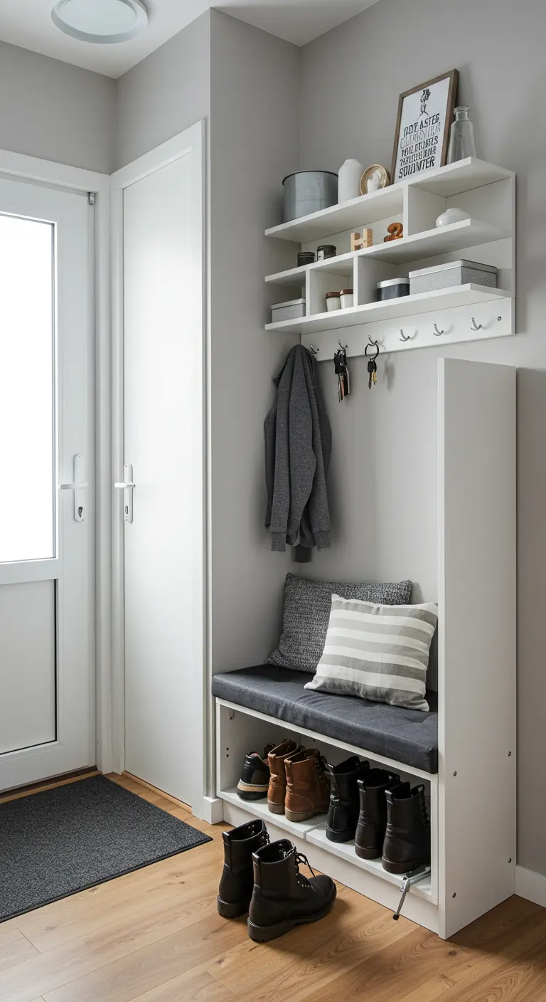 Mueble recibidor compacto y blanco con banco, zapatero, percheros y estantes en un espacio reducido.