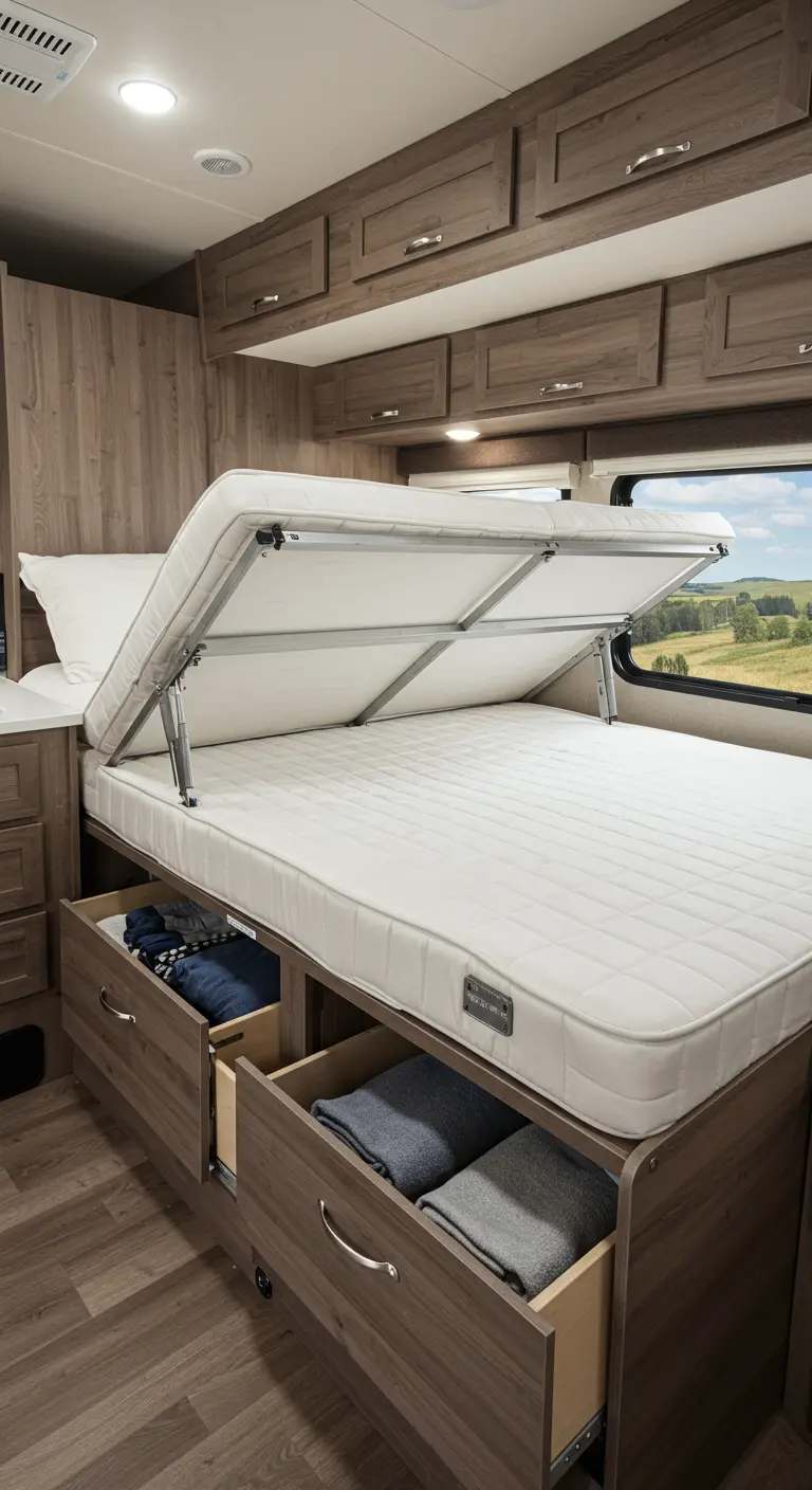 Interior de una autocaravana con una cama elevada con cajones y mecanismo abatible.