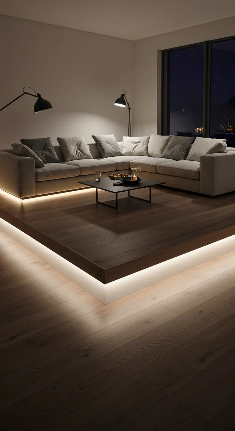 Sofá en una plataforma de madera elevada cuyo borde está iluminado con una tira de LED.