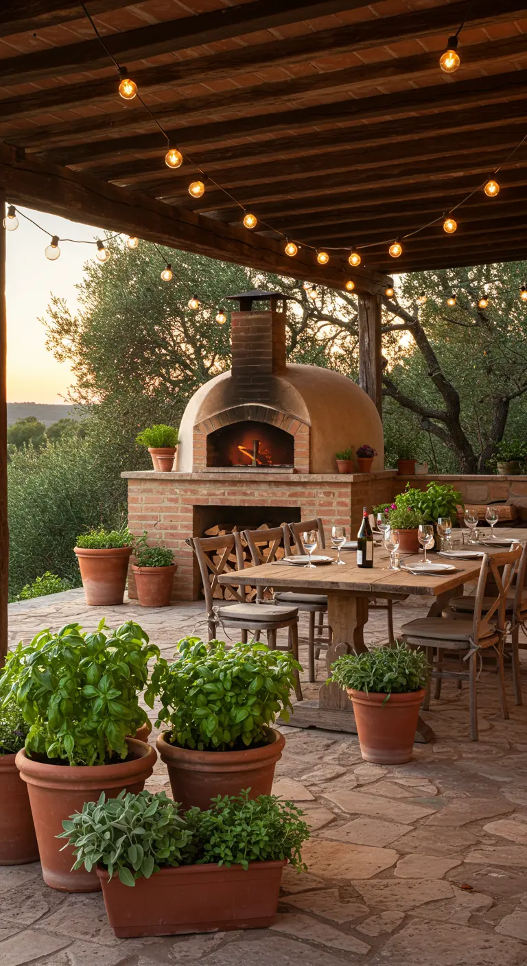 Patio rústico con horno de leña, mesa de madera y grandes macetas de terracota con albahaca.