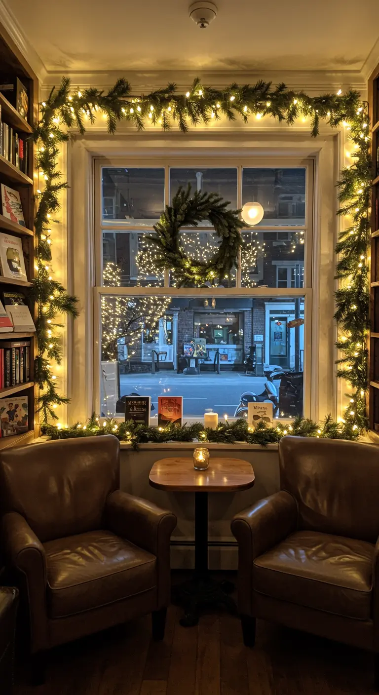 Ventana de una librería enmarcada con guirnaldas de pino iluminadas y flanqueada por dos sillones.