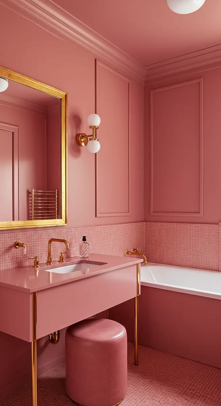 Baño monocromático con paredes, lavabo y bañera en diferentes tonos de rosa.
