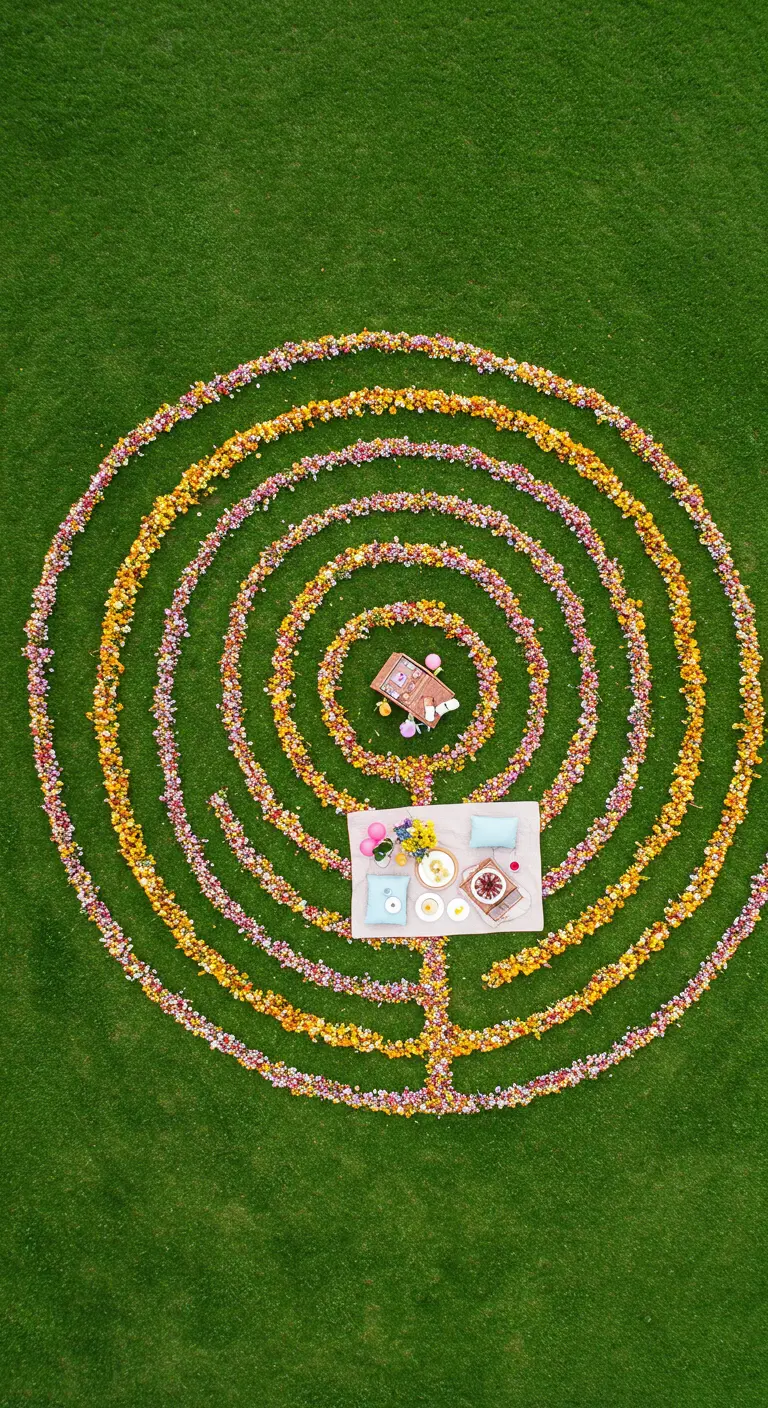 Vista aérea de un gran laberinto circular hecho con pétalos de flores de colores en un césped verde.