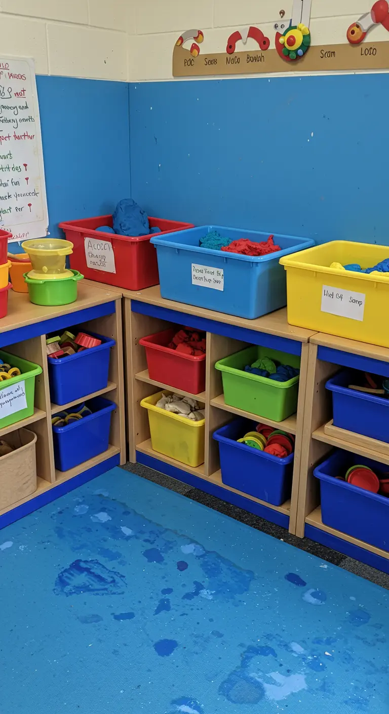 Zona de juego sensorial con estanterías bajas de madera y cubetas de plástico de colores.