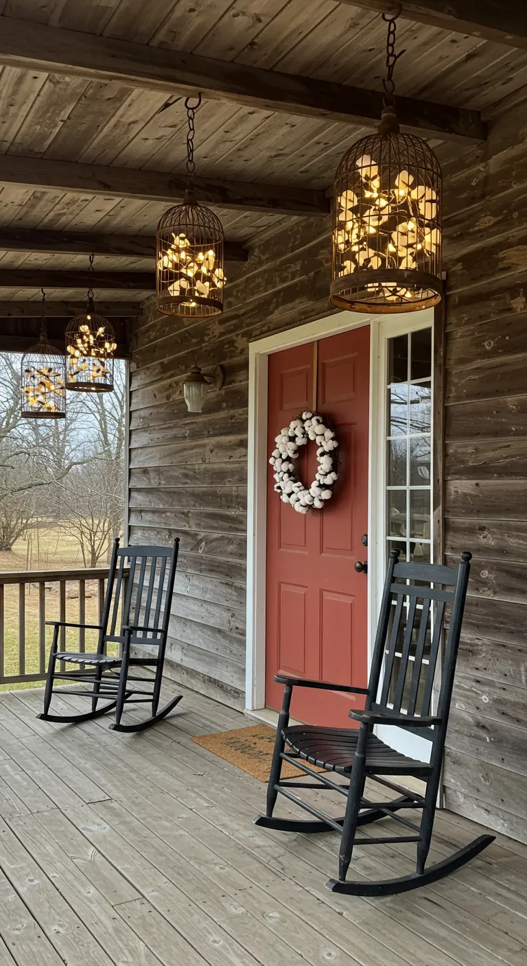 Tres jaulas de pájaros convertidas en lámparas colgantes con luces cálidas en un porche de madera.