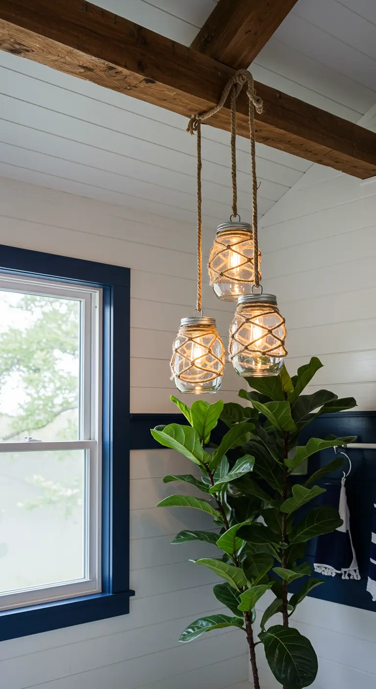 Lámpara colgante DIY hecha con tres tarros de cristal, luces solares y cuerda de yute.