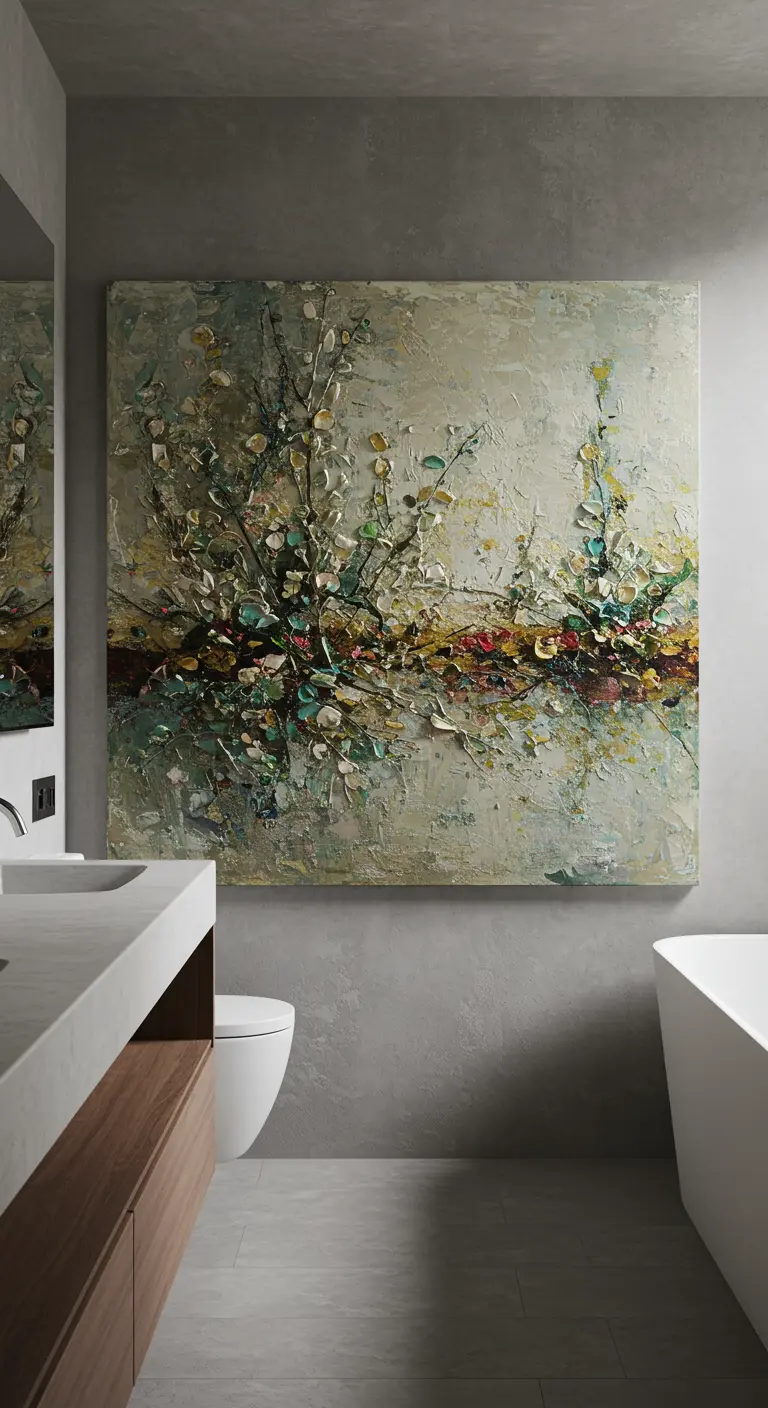 Baño de cemento pulido con un gran lienzo de pintura abstracta floral con mucha textura.