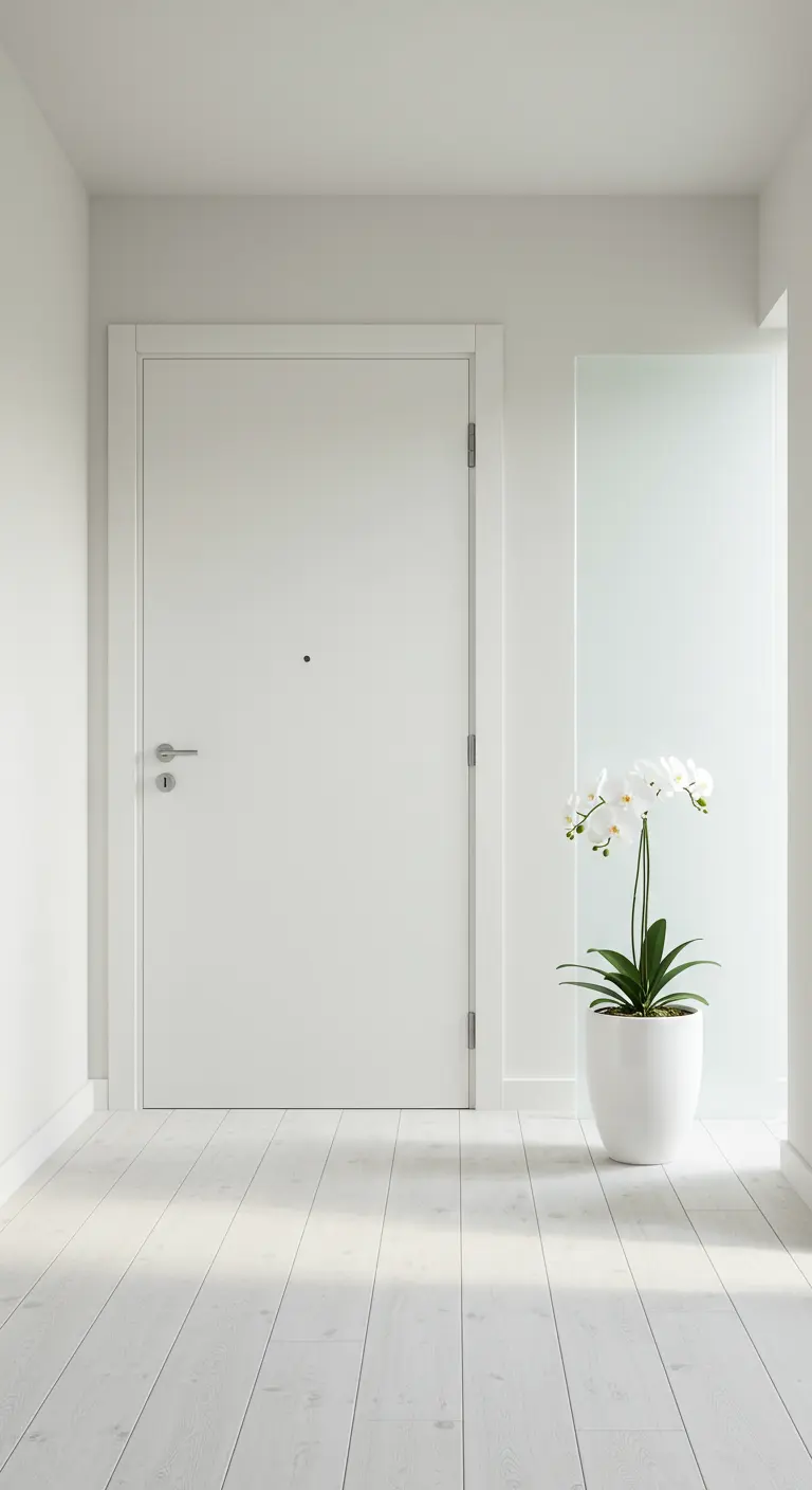 Entrada totalmente blanca, incluyendo suelo de madera, con una orquídea blanca como único adorno