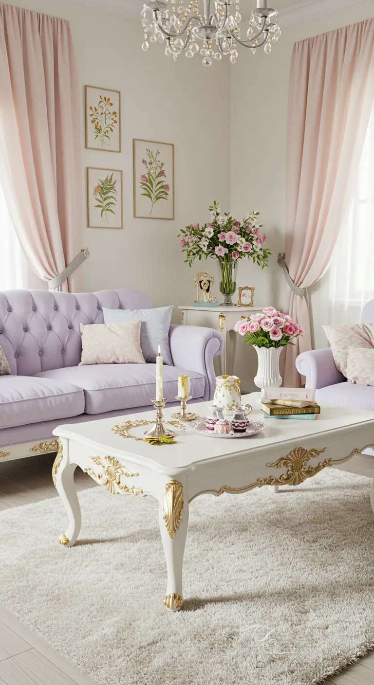 Sofá capitoné lila en una sala de estar romántica con muebles blancos y dorados y flores rosas