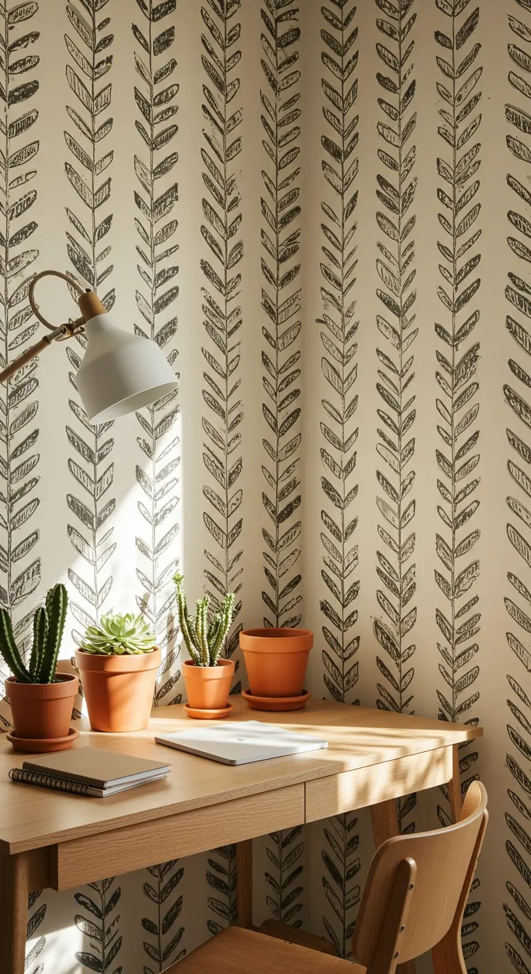 Escritorio de madera con papel pintado de patrón botánico escandinavo y cactus.