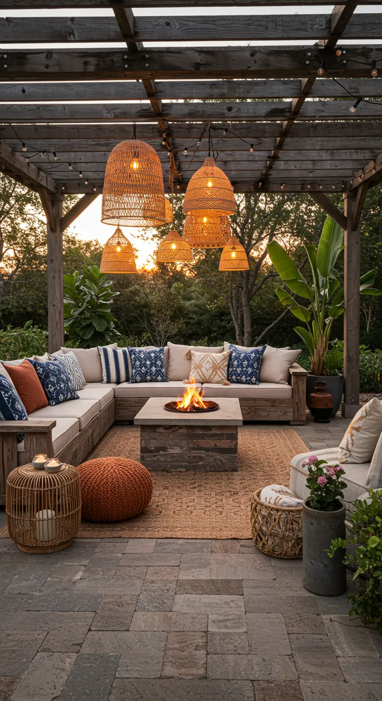 Patio con pérgola de madera, sofá seccional, lámparas de mimbre colgantes y fogata central