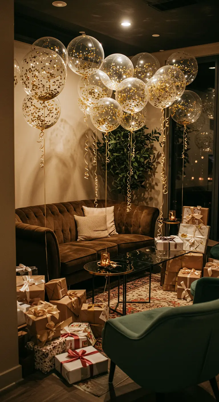 Sala de estar acogedora llena de globos de confeti dorado flotando en el techo y regalos apilados.