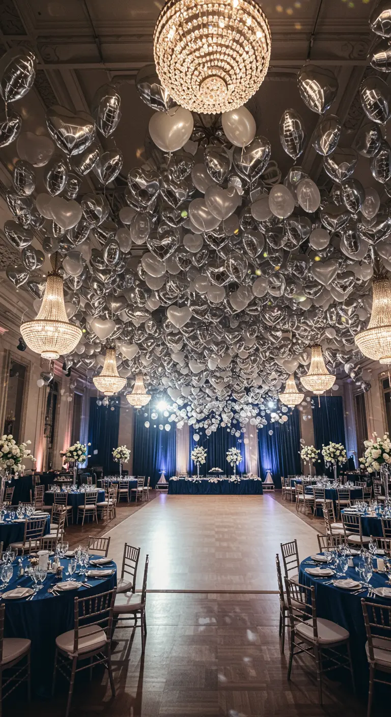 Techo de un salón de baile cubierto por completo con globos de corazón plateados.