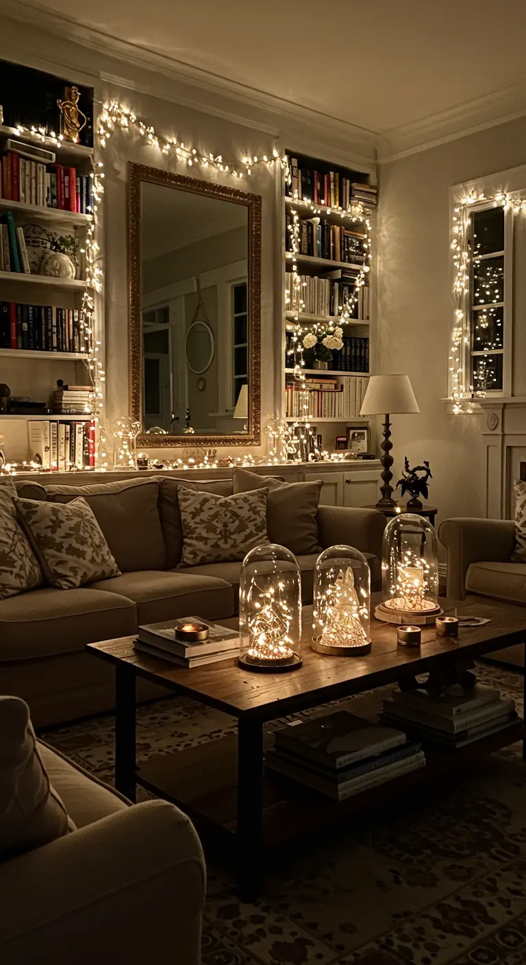 Salón con luces de hadas decorando las estanterías, el espejo y dentro de campanas de cristal.