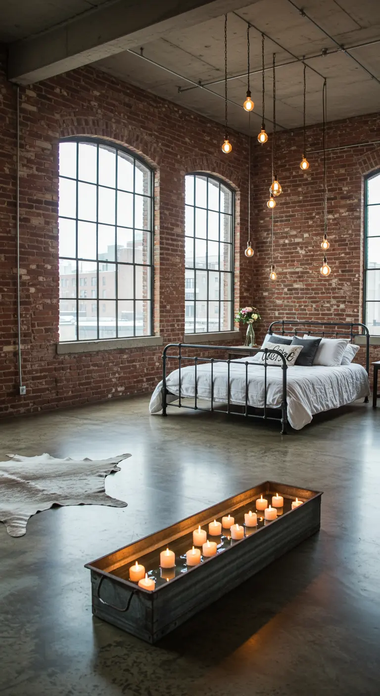 Loft industrial con paredes de ladrillo y una jardinera de metal con velas flotantes.