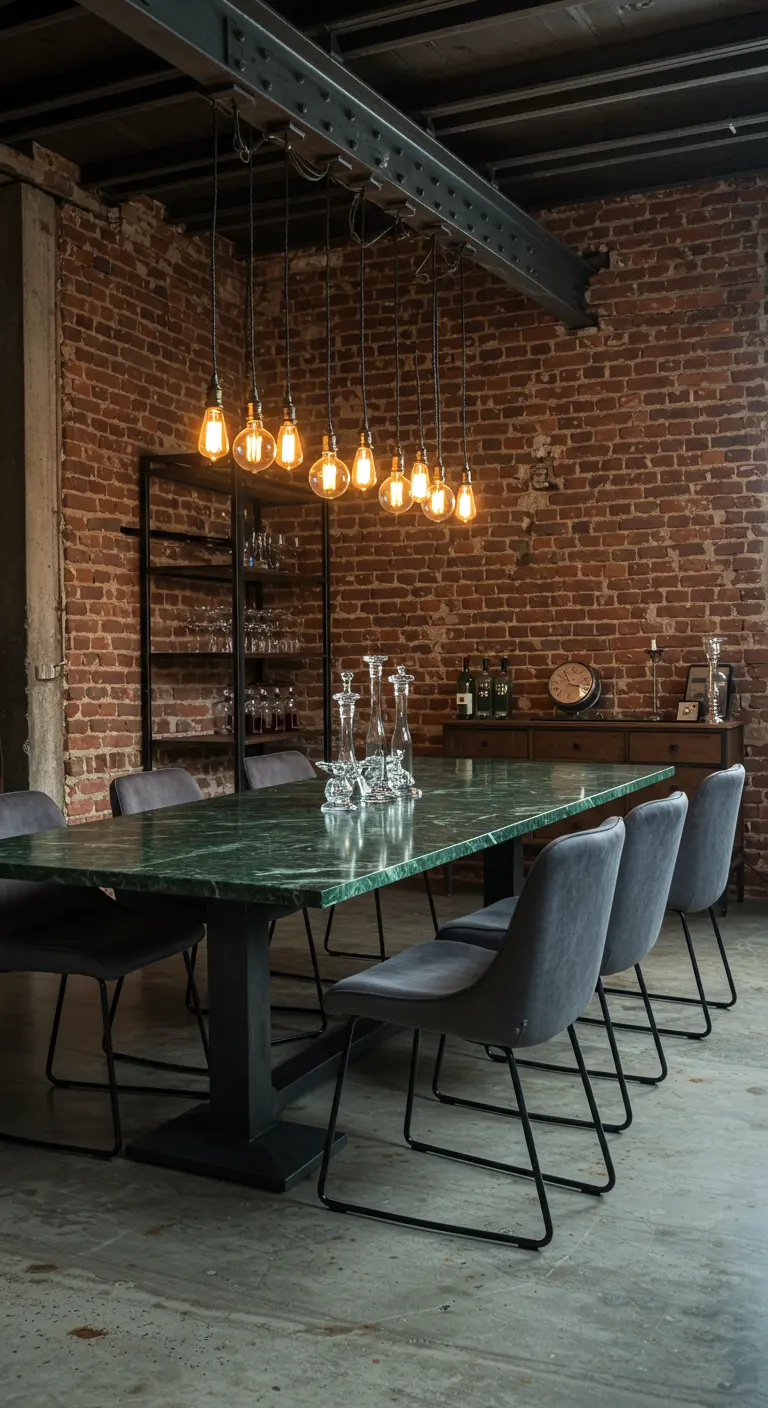 Comedor de estilo industrial con pared de ladrillo, mesa de mármol verde y sillas de terciopelo gris