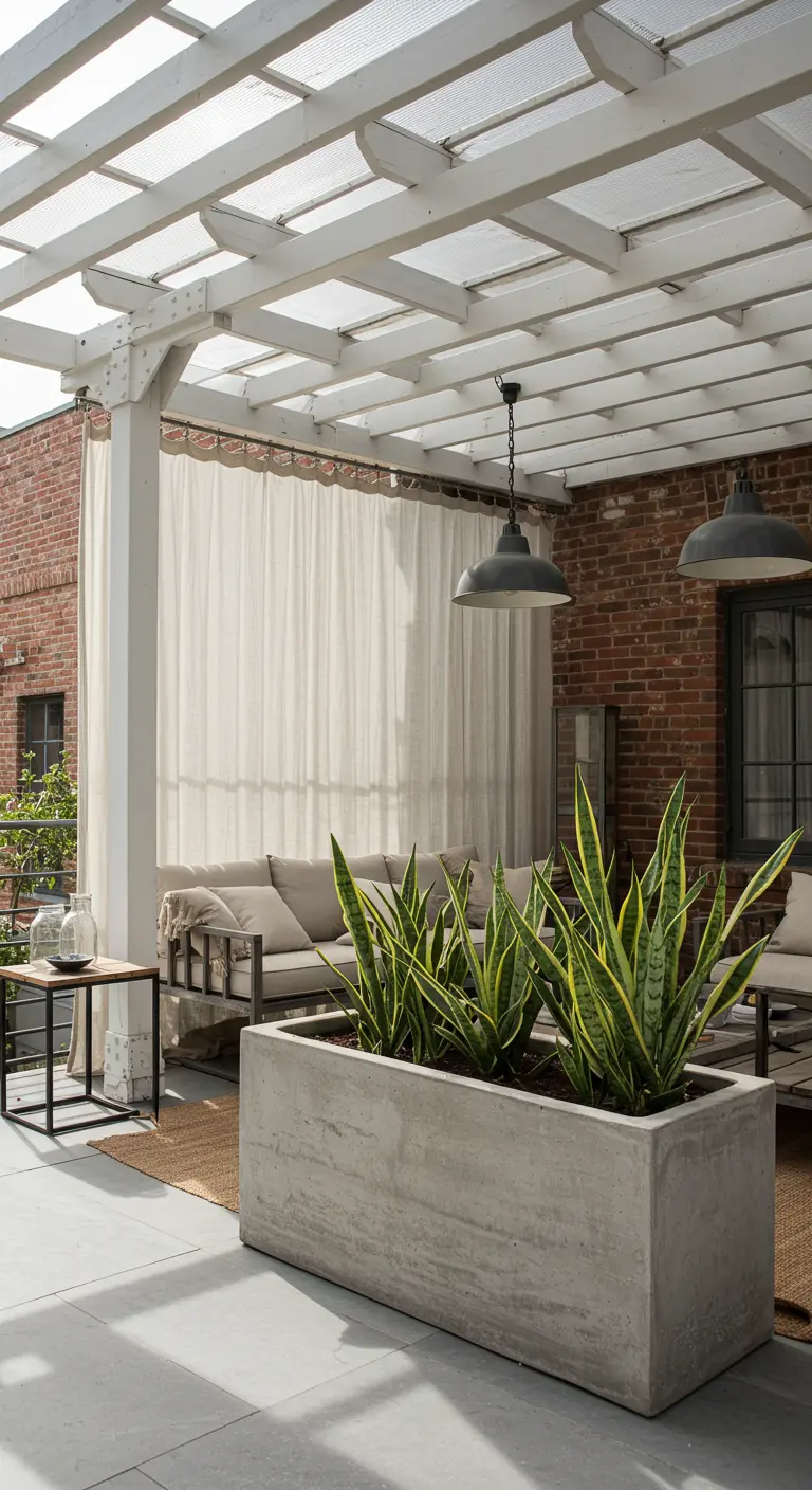 Patio industrial con pared de ladrillo, pérgola blanca, y una gran jardinera de hormigón.
