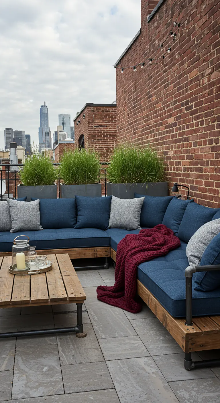 Terraza urbana con pared de ladrillo, sofá de palets con cojines azules y mesa de centro.