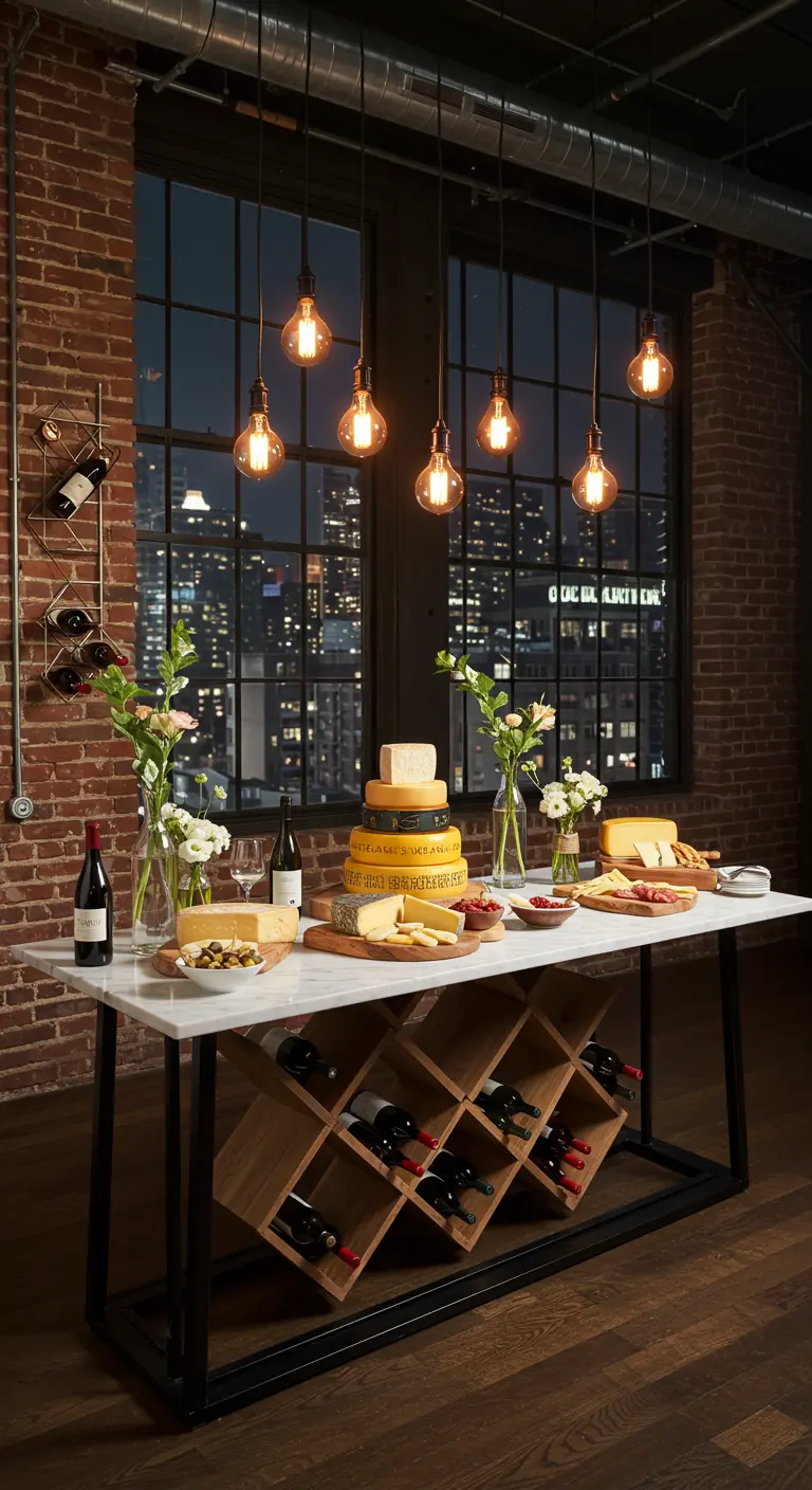Mesa de mármol con una tarta de quesos y luces Edison en un loft urbano.