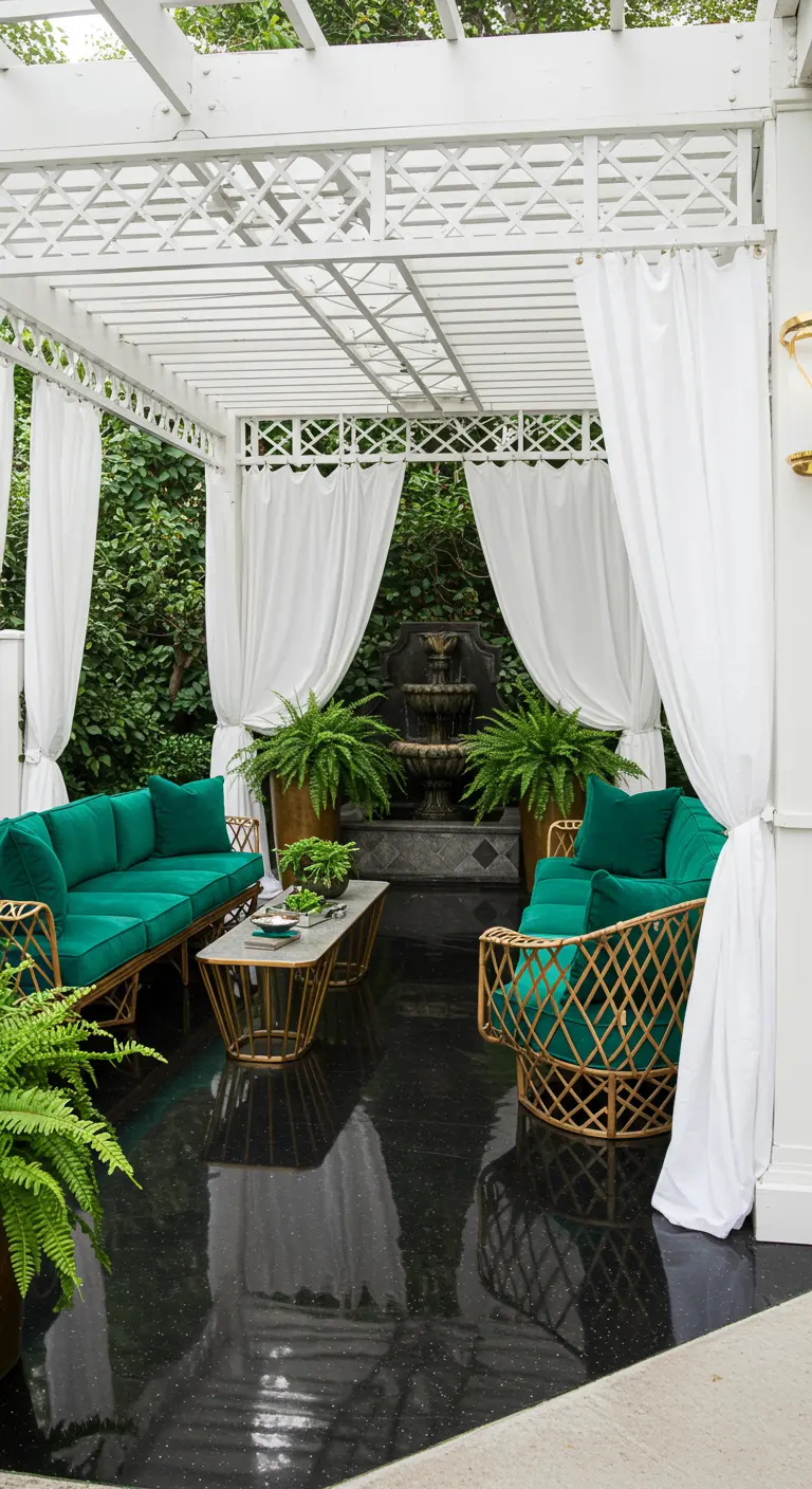 Patio lujoso con pérgola blanca, sofás de terciopelo verde y suelo negro brillante.