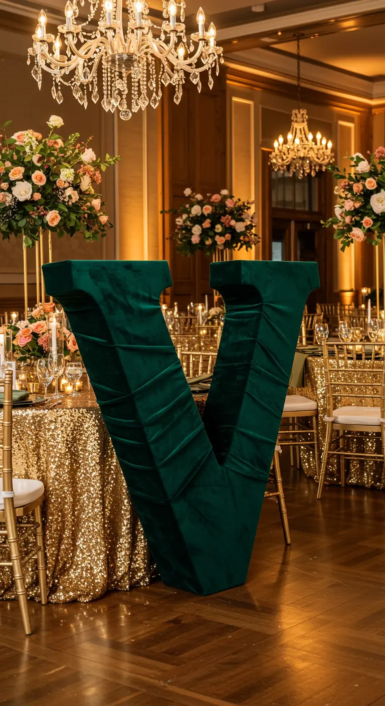 Letra 'V' gigante de terciopelo verde esmeralda en un salón de banquetes de lujo.